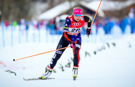 Kikkan Randall skating to 22nd in the Tour de Ski prologue in Oberstdorf, Germany. (Photo: Marcel Hilger)