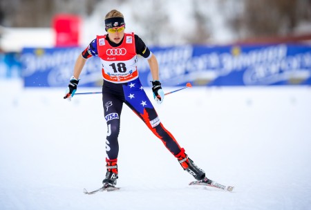 Liz Stephen was 26th in Sunday's 10-kilometer freestyle individual start in Östersund, Sweden. Here she is pictured racing in the 2015 Tour de Ski prologue in Oberstdorf, Germany.  (Photo: Marcel Hilger)