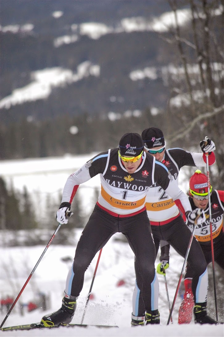 Michael Somppi leads the pack en route to the win in the men's 20 k freestyle mass start at Western Canadian Championships on Jan. 18 in Canmore, Alberta. (Photo: Angus Cockney) 