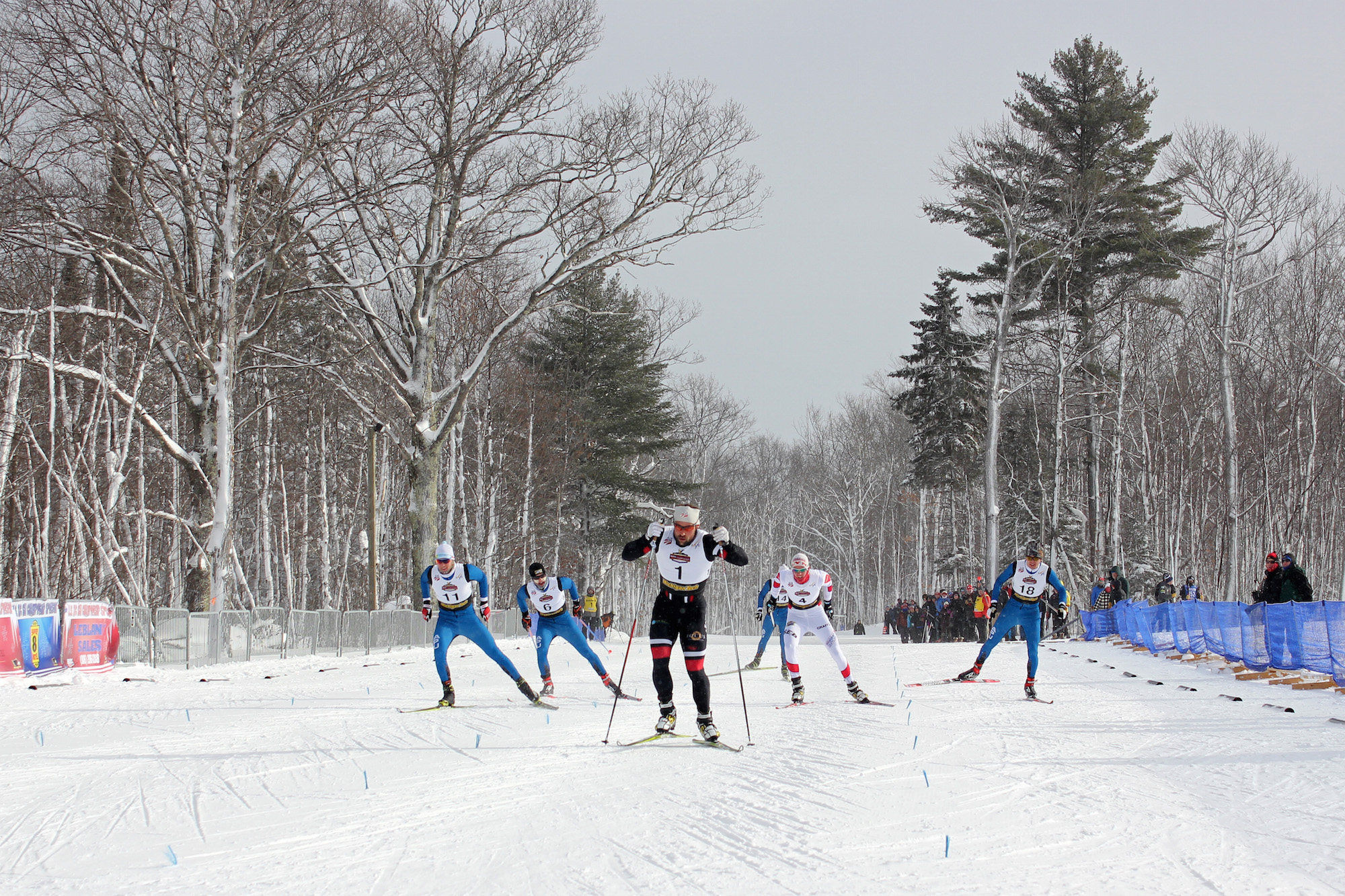 The men's final accelerates toward the finish in the 1.5 k freestyle sprint at the 2015 U.S. Cross Country Championships in Houghton, Mich.