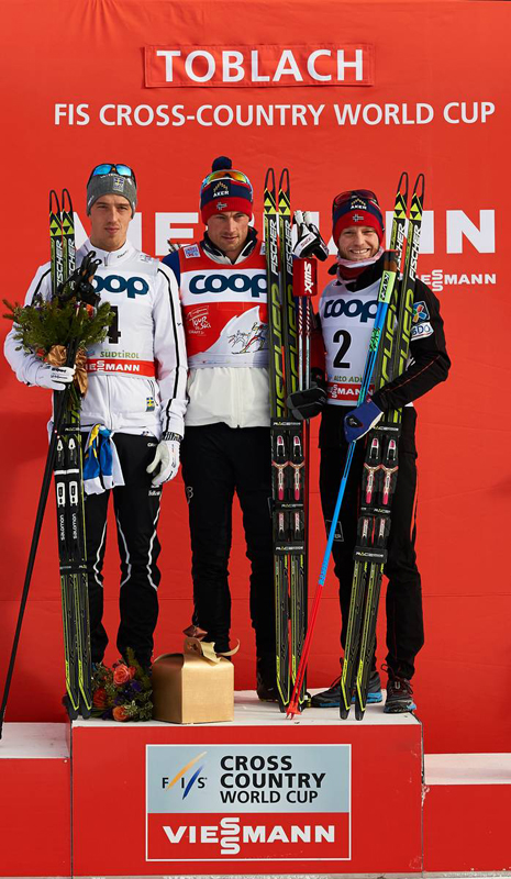 The men's podium of Calle Halfvarsson (SWE), Petter Northug (NOR) and Martin Johnsrud Sundby (NOR), (l-r). (photo: Fischer / Nordic Focus)