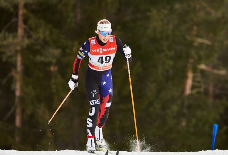 Kikkan Randall racing in the 5 k classic in the fourth stage of the 2015 Tour de Ski (Photo: Fischer/Nordic Focus) 