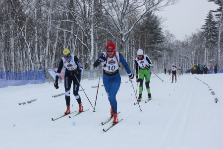 Becca Rorabaugh (10) leads Heather Mooney (l) and Liz Guiney (r) into the finish in the semifinal of the U.S. Cross Country Championships women's 1.5 k classic sprint on Tuesday in Houghton, Mich.