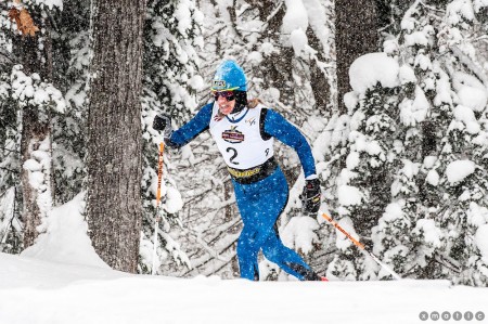 Rosie Brennan leading her quarterfinal in Tuesday's 1.5 k classic sprint at U.S. Cross Country Championships in Houghton, Mich. (Photo: Christopher Schmidt)