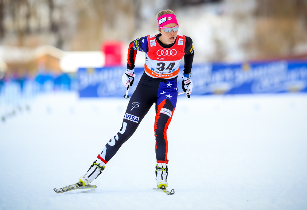 Sadie Bjornsen skating to seventh place in the 3.3 k Tour de Ski prologue in Oberstdorf, Germany. Photo: Marcel Hilger.