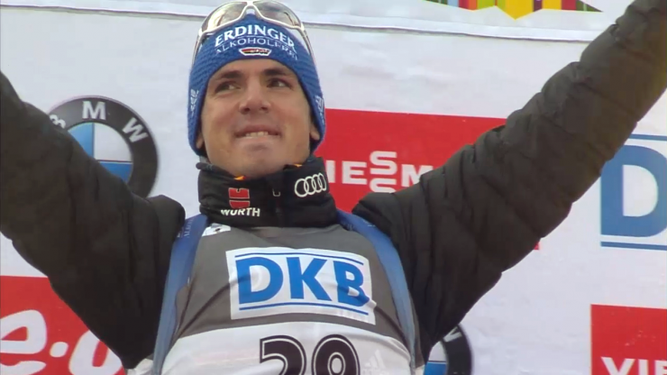 Germany's Simon Schempp on the podium after his second-straight IBU World Cup win (and fourth overall) in the men's 10 k sprint on Thursday in Antholz, Italy.