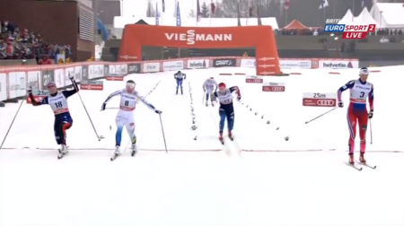 Sweden's Magdalena Pajala (second from l) edges American Sadie Bjornsen (l) for second behind Norway's Kari Gjeitnes (r) in the quarterfinal of the women's 1.2 k classic sprint on Saturday in Otepää, Estonia. Russia's Anastasia Dotsenko (second from r) pushes for fourth.