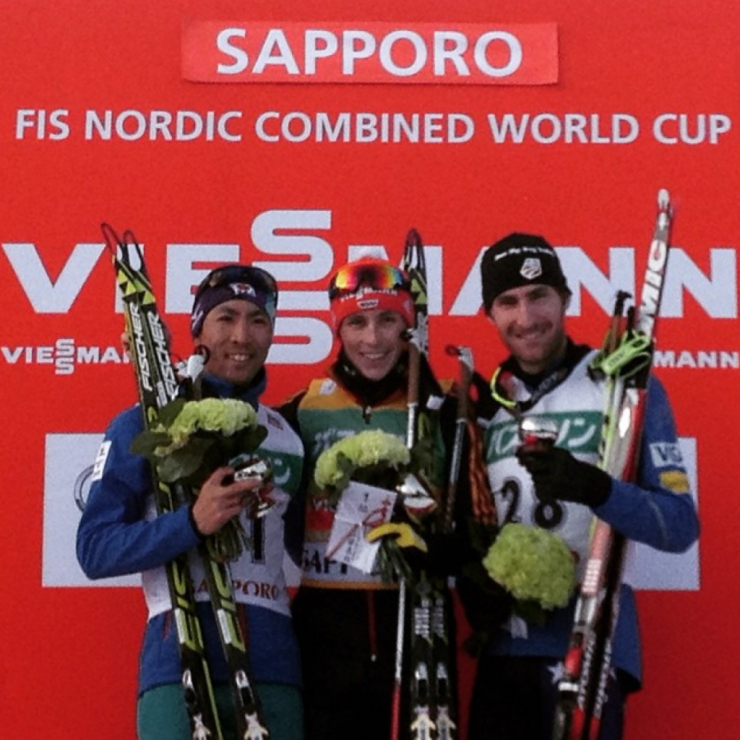 Taylor Fletcher (right) earned his second career podium in Sapporo, Japan, on Saturday, behind Eric Frenzel (center, GER) and Akito Watabe (left, JPN). (Photo: FIS Nordic Combined/Instagram)