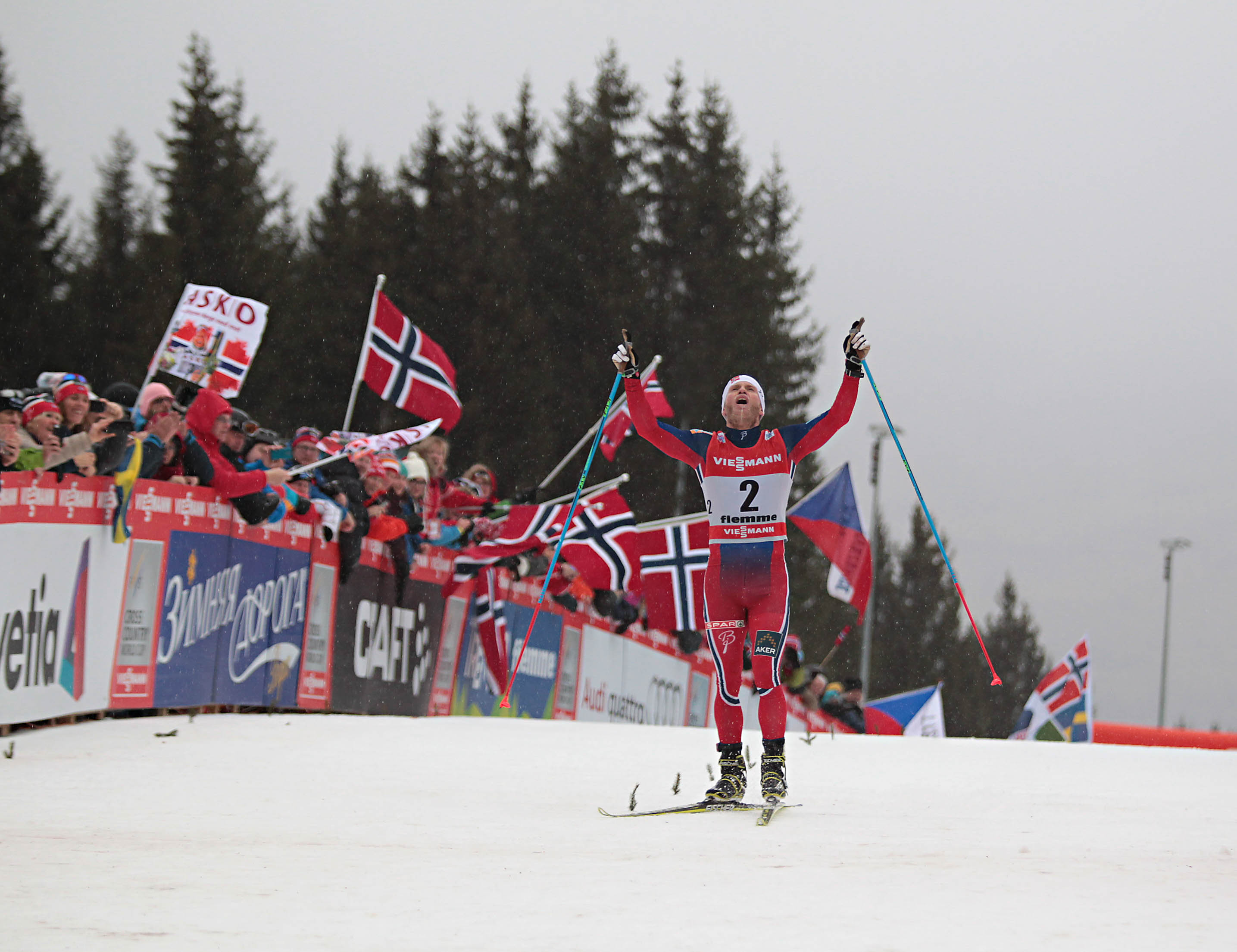 An elated Martin Johnsrud Sundby of Norway crosses the finish line at the top of Alpe Cermis to wrap up his second consecutive Tour de Ski title in Val di Fiemme, Italy, in 2015. A skier who trains over 1,000 hours every year, later in the season Sundby became ill and missed all but one race of World Championships, where he placed 11th in the 50 k. (Photo: (Photo: Val di Fiemme/www.fiemmeworldcup.com)