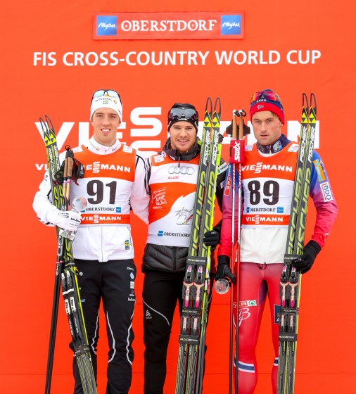 The podium from the men's 4.4 k prologue (l-r): Calle Halfvarsson (SWE, 2nd place), Dario Cologna (SUI, 1st), and Petter Northug (NOR, 3rd place). Photo: Marcel Hilger.