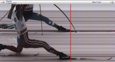 The photo-finish picture from the men's sprint for second and third in the 1.5 k classic-sprint final in 1.5 k classic sprint in Otepää, Estonia, with Hattestad (bottom) edging Ketelae. (Photo: FIS Cross Country/Twitter)