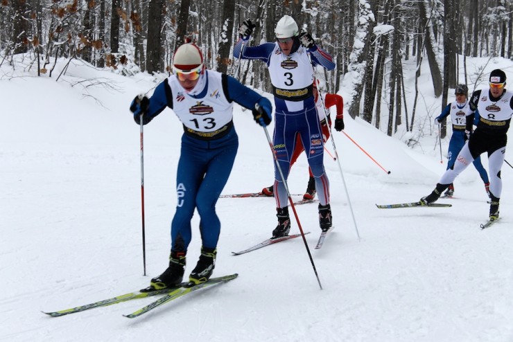Thomas O'Harra (APU) leading his freestyle-sprint quarterfinal with Sun Valley's Miles Havlick (3) and Kris Freeman last month at 2015 U.S. nationals in Houghton, Mich.