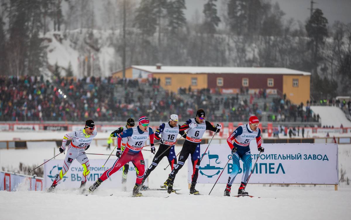 Simi Hamilton (6), Andy Newell (16), Alex harvey (25) compete in a quarterfinal of the 1.3 k freestyle sprint at the World Cup in Rybinsk, Russia. (Photo: Fischer/Nordic Focus) 