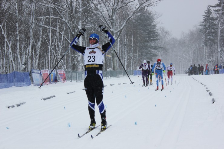 Hannah Halvorsen celebrates her quarterfinal win in the women's classic sprint at the 2015 U.S. Cross Country Championships in Houghton, Mich. She was 16 at the time and went on to reach the final for fifth overall.