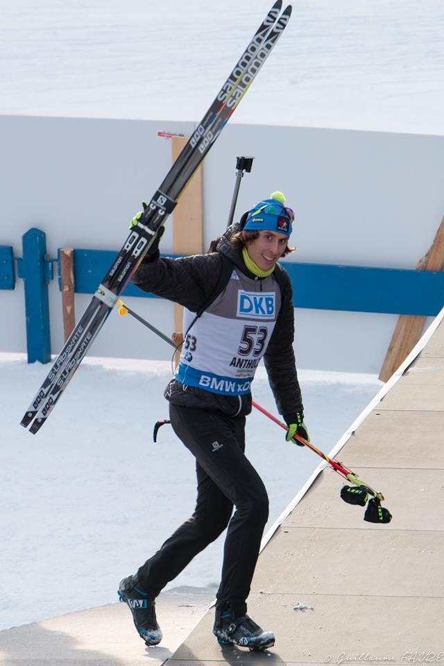 Brendan Green (Biathlon Canada) celebrating fifth place in the men's 10 k sprint on Thursday at the IBU World Cup in Antholz, Italy. It topped his previous career best of eighth, which he previously achieved in the Antholz sprint a year earlier. (Courtesy photo)