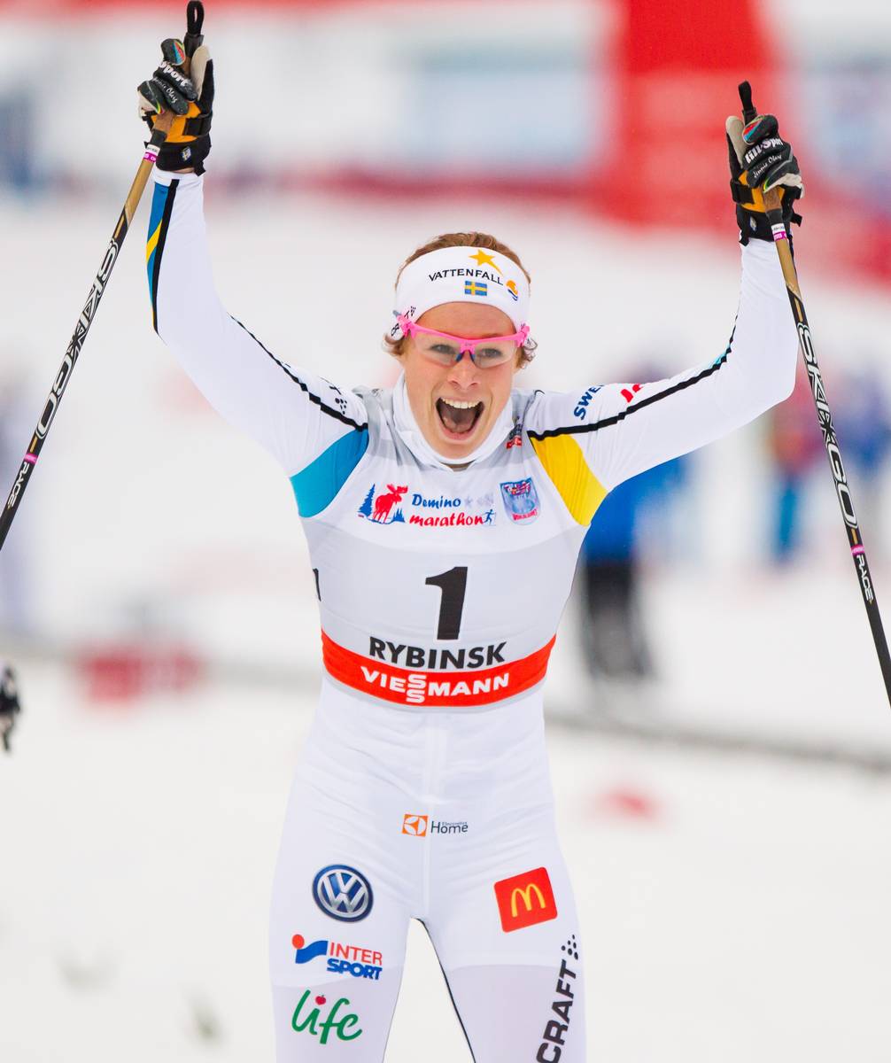 Jennie Öberg of Sweden celebrates her win in Sunday's 1.3 k freestyle sprint in Rybinsk, Russia. (Photo: Fisher/Nordic Focus)