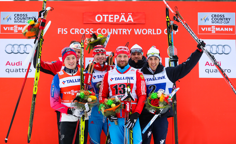 Sunday's podium in the men's World Cup 6 x 1.5 k team sprint: (from left to right) Norway I's Finn Hågen Krogh and Anders Gløersen in second, Russia I's Sergey Ustiugov and Alexey Petukhov in first, and Italy's Dietmar Nöckeler and Federico Pellegrino in third. (Photo: Fischer/NordicFocus)