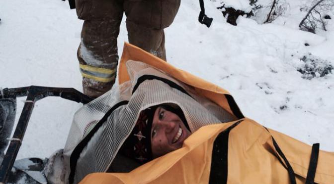 Scott Patterson smiles during the evacuation process resulting from an impalement by Erik Bjornsen's ski in late October.  (Photo: Scott Patterson) 