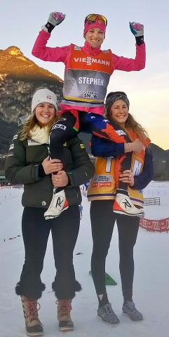 U.S. Alpine Ski Team athletes Paula Moltzan and Resi Stiegler lift Liz Stephen high after her stunning fifth in the 10k classic. The alpine racers were training nearby and came trackside to cheer on Stephen in the Tour de Ski. (Photo: U.S. Ski and Snowboard Association)