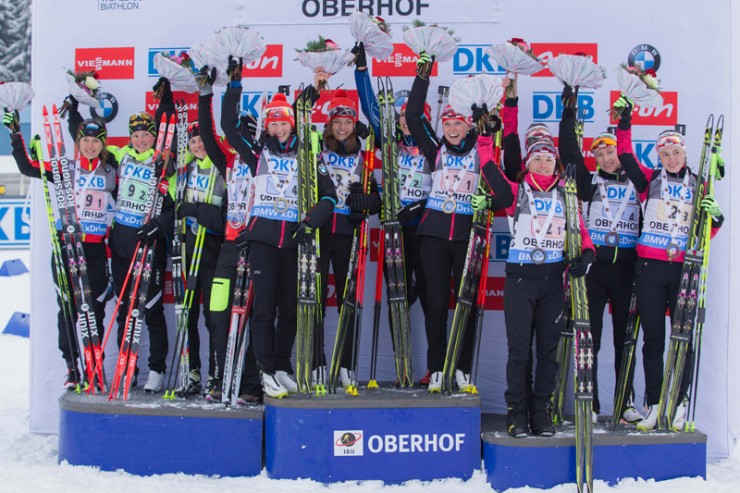 The IBU World Cup women's relay podium on Wednesday in Oberhof, Germany: with France in second (l), the Czech Republic in first (c), and Belarus in third. (Photo: Fischer/NordicFocus) 