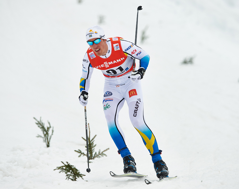 Sweden's Calle Halfvarsson racing to second in the 4.4 k freestyle prologue, the first stage of the 2015 Tour de Ski on Saturday in Obertsdorf, Germany. (Photo: Fischer/NordicFocus)