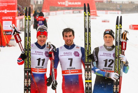 The men's classic-sprint podium in Otepää, Estonia: with Norwegian winner Tomas Northug (c), Ola Vigen Hattestad (l) of Norway in second, and Finland's Toni Ketelae (r) in third. (Photo: Fischer/NordicFocus)