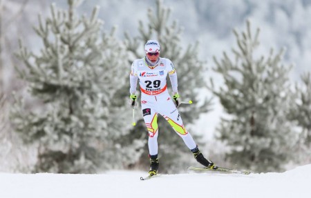 Graeme Killick (AWCA/Canadian Development B-Team) racing to 43rd in the 15 k freestyle at the World Cup in Rybinsk, Russia. (Photo: Fischer/NordicFocus)