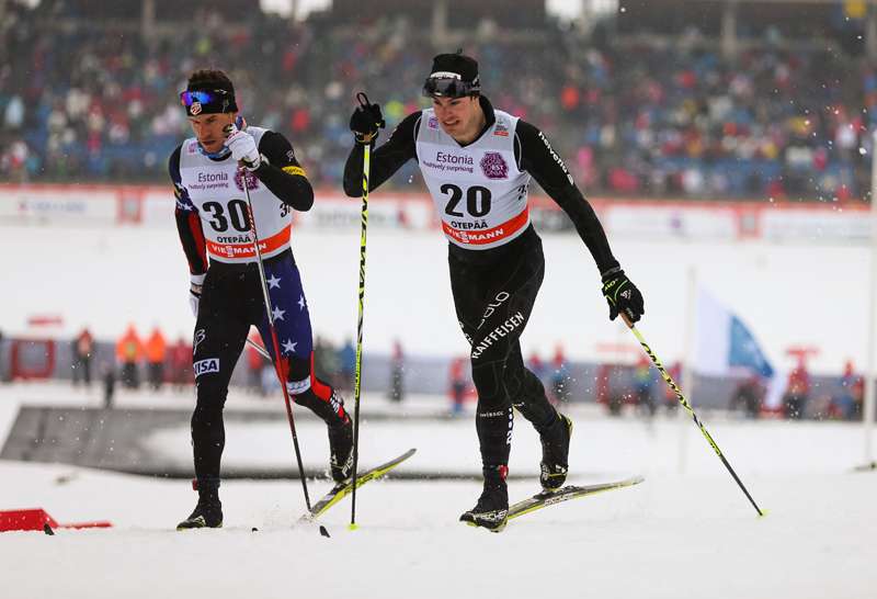 Simi Hamilton (l) and Switzerland's Gianluca Cologna going head-to-head in the quarterfinal of the men's 1.5 k classic sprint on Saturday in Otepää, Estonia. Hamilton placed third in the heat, ahead of teammate Andy Newell in fourth (not shown) and Cologna in fifth. (Photo: Fischer/NordicFocus)