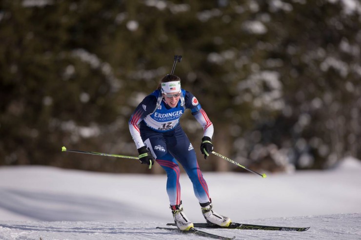 Susan Dunklee racing to a season-best eighth in Friday's 7.5 k sprint at the IBU World Cup in Antholz, Italy. (Photo: Fischer/NordicFocus)