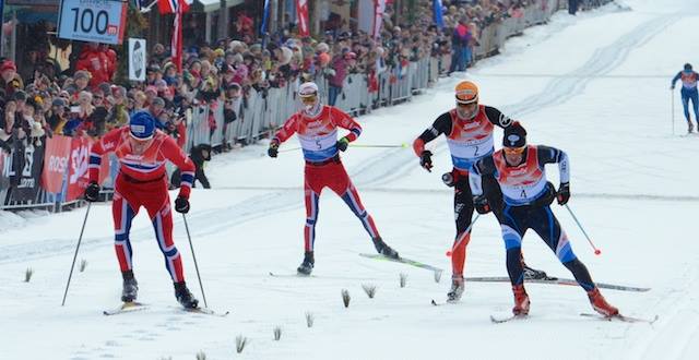 Italy's Segio Bonaldi (r) outlasts three Frenchmen en route to a win in 2015, his second American Birkebeiner victory. (Photo: Darlene Prois/ABSF)