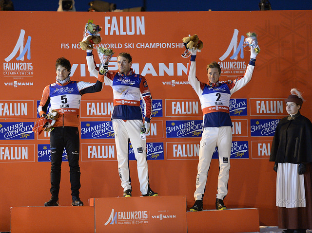 The men's 1.4 k classic sprint podium at the 2015 FIS Nordic World Ski Championships in Falun, Sweden. Canadian Alex Harvey (l) placed second, Norwegian Petter Northug (c) took first, and Northug's teammate Ola Vigen Hattestad (r) finished third. (Photo: Falun2015)