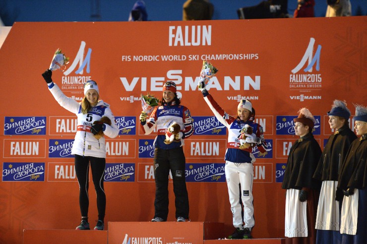The women's classic sprint podium at 2015 World Championships on Thursday in Falun, Sweden, with winner Marit Bjørgen (second from l) of Norway, Sweden's Stina Nilsson (l) in second, and Norway's Maiken Caspersen Falla in third. (Photo: Falun2015)