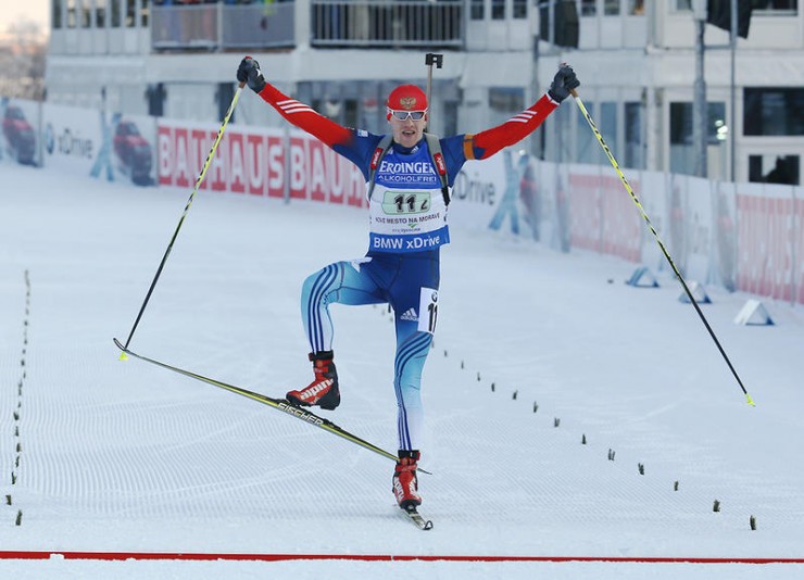 Alexey Volkov anchored Russia's two-person single mixed relay (with Yana Romanova) to first on Friday at the IBU World Cup in Nove Mesto, Czech Republic. (Photo:  IBU/Kustoslav Frgal)
