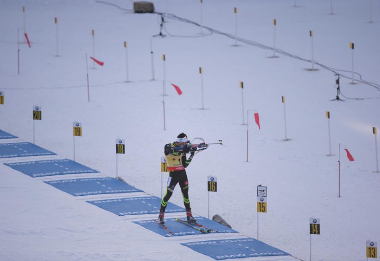 Overall IBU World Cup leader Martin Fourcade all alone on the range for his final standing stage in Thursday's 20 k individual in Oslo, Norway. Fourcade went on to win for his sixth victory this season (and 35th in his World Cup career) with perfect 20-for-20 shooting. (Photo: IBU/Manzoni)
