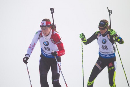 Canada's Megan Heinicke (l) leads Marine Bolliet of France in the women's 15 k individual at the IBU World Cup on Thursday in Oslo, Norway. Heinicke cleaned to place 12th, one of four top-15's this season. (Photo: IBU/Christian Manzoni)