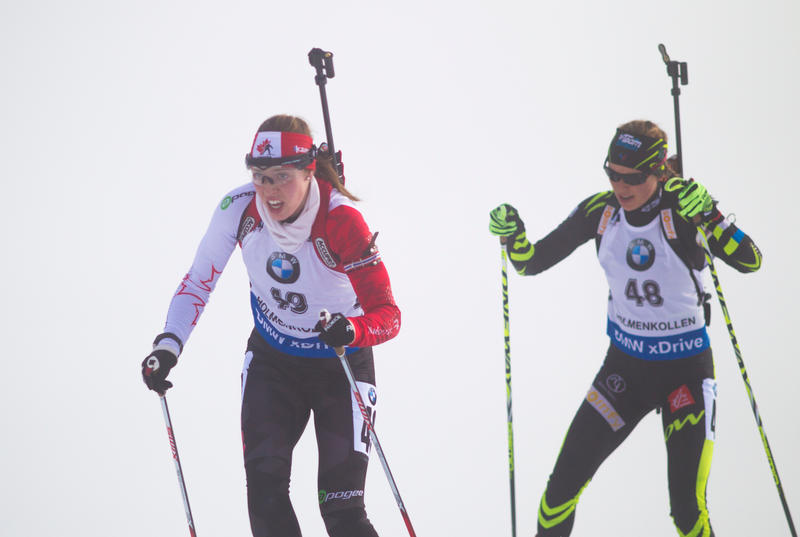 Canada's Megan Tandy (l) on her way to 12th place in the 15 k individual at the IBU World Cup in Oslo, Norway, last season. (Photo: IBU/Christian Manzoni)