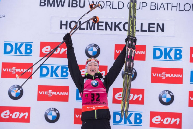 Darya Domracheva of Belarus celebrates her victory in Saturday's 7.5 k sprint in Oslo, Norway, which put her on top of the overall IBU World Cup standings. (Photo: IBU/Christian Manzoni) http://www4.biathlonworld.com/en/press_releases.html/do/detail?presse=2448