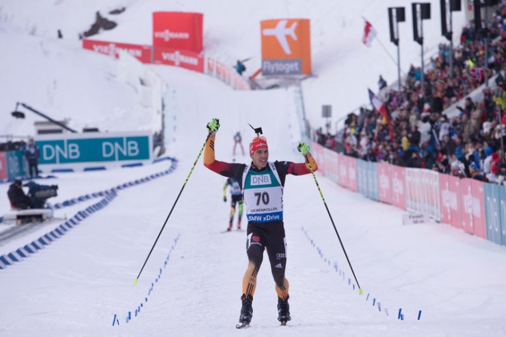 Germany's Arnd Peiffer surprised himself in winning Saturday's 10 k sprint at the IBU World Cup in Oslo, Norway, by 3.3 seconds over France's Martin Fourcade. (Photo: IBU/Christian Manzoni) http://www3.biathlonworld.com/en/press_releases.html/do/detail?presse=2449