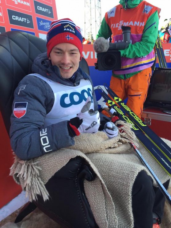 Norway's Finn Hågen Krogh in the leader's chair during the men's World Cup 15 k freestyle on Sunday on Ostersund, Sweden. Krogh won by 13.5 seconds for his second-straight win of the weekend. (Photo: FIS Cross Country/Instagram)