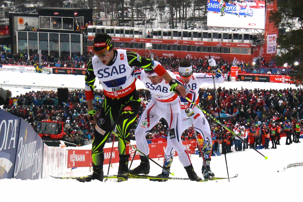 22-year-old Adrien Backscheider of France leads Norway's Petter Northug and Sweden's Calle Halfvarsson in the final kilometers of the World Championships 4 x 10 k relay in Falun, Sweden.