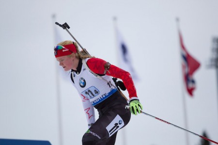Sarah Beaudry anchoring the Canadian women's relay to eighth place in Oslo, Norway, on Sunday. (Photo: Biathlon Canada/NordicFocus.com)