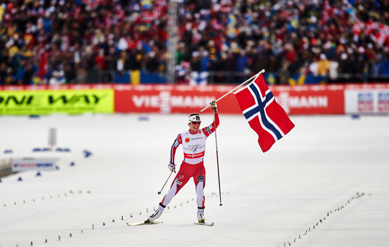 Bjørgen anchored the winning Norwegian relay at World Championships in Falun, Sweden. (Photo: Fischer/NordicFocus.com)