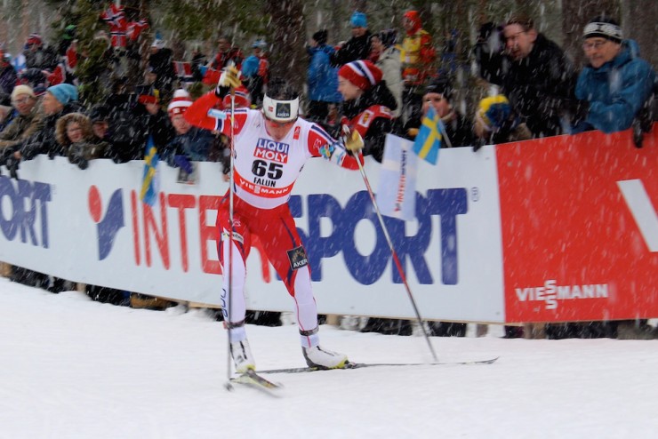 Norway's Marit Bjørgen racing up "little" Mördarbacken early in the women's 10 k freestyle individual start at 2015 World Championships in Falun, Sweden. She went on to place 31st for her time outside the top 30 in at least 14 years of World Championships competition. 