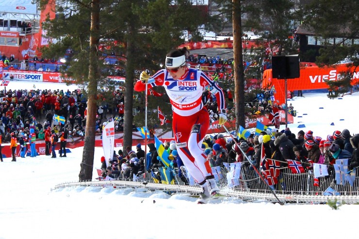 Norway's Marit Bjørgen charging over the top of a hill a kilometer from the finish en route to silver in the women's 30 k classic at 2015 World Championships in Falun, Sweden. 