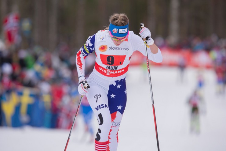 Sadie Bjornsen (U.S. Ski Team) skiing the first classic leg for the U.S. women's 4 x 5 k relay at 2015 World Championships in Falun, Sweden. 