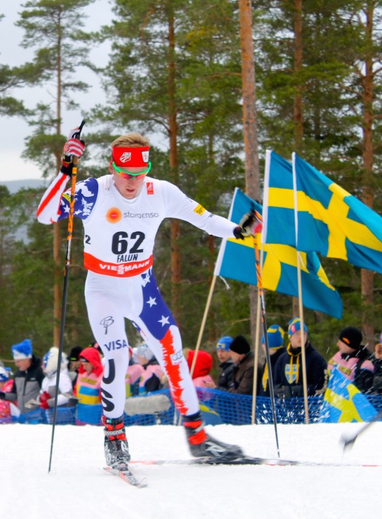 American Kyle Bratrud (Northern Michigan University) racing to 52nd in the men's 15 k freestyle at 2015 World Championships in Falun, Sweden.