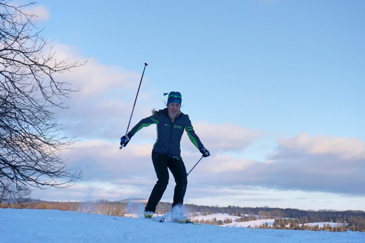 Caitlin Patterson lands a 180 at the Craftsbury Outdoors Center. (Photo: Caitlin Patterson)
