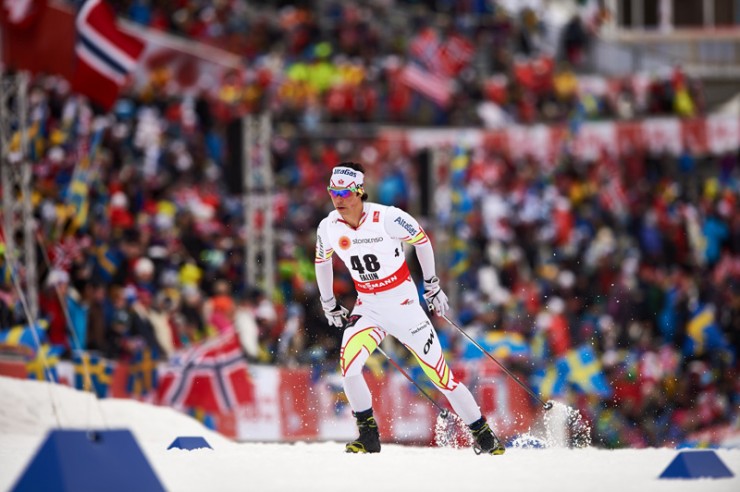 Jess Cockney (AWCA/Canadian National Development B-team) racing to 57th in the 15 k freestyle at 2015 World Championships in Falun, Sweden. It was his first distance race in nearly three months. (Photo: Fischer/NordicFocus)