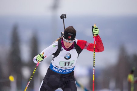 Rosanna Crawford skied the second-fastest course time of second-leg relay skiers in the Oslo World Cup relay on Sunday. (Photo: Biathlon Canada/NordicFocus.com)