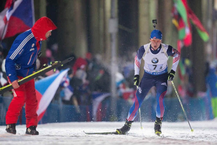 Sean Doherty racing in the mixed relay at the IBU World Cup in Nove Mesto, Czech Republic earlier this year. (Photo: USBA/NordicFocus)